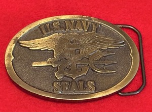lot 65 image: Vintage Brass-Tone U.S. Navy SEALs Naval Special Warfare Trident Belt Buckle
