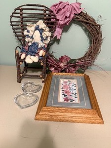 lot 74 image: PrimitiveCottageCountry Dcor Lot  Twig Chair, Rag Doll, Wreath, Floral Print & Heart Dishes