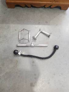 lot 3572 image: Chrome Cable Machine Attachment Set with Rope and Bar Handles
