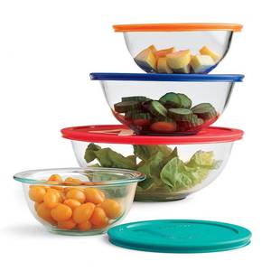 lot 3593 image: Pyrex 8pc Mixing Bowl Set Multicolor Glass & Plastic, Dishwasher & Microwave Safe, 1-4 Qt Capacities Sealed New