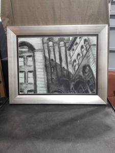 lot 3599 image: Framed Charcoal Drawing of Urban Architecture Buildings