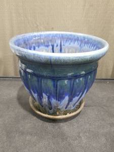 lot 3650 image: Blue Glazed Ceramic Planter with Saucer
