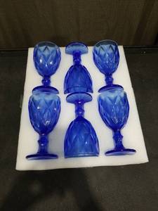 lot 3710 image: Blue Cut Crystal Wine Glass Set with Diamond Pattern