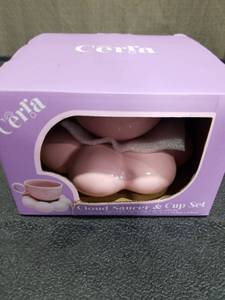 lot 3715 image: Cera Cloud Saucer & Cup Set Pink Ceramic Tea Set New