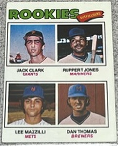 lot 164 image: 1977 Topps Baseball Card #488 - Rookie Outfielders (Jack Clark)