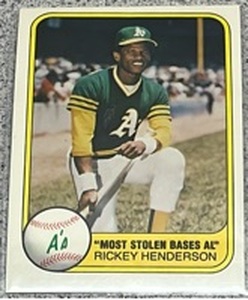 lot 195 image: 1981 Fleer Baseball Card #351 - Rickey Henderson Most Stolen Bases
