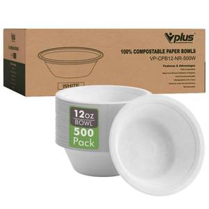 lot 3263 image: Vplus 500 Pack 12 OZ Paper Bowls Bulk, Disposable Compostable, Eco-friendly Bagasse, Heavy-duty Bowls Perfect for Milk Cereals, Snacks, Salads