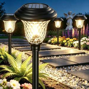 lot 3264 image: BEAU JARDIN 8 Pack Solar Pathway Lights WhiteColor Changing Stainless Steel 3 Mode Outdoor Multicolor Metal Solar Powered Waterproof Glass for Garden Landscape Path Yard Walkway Driveway Black