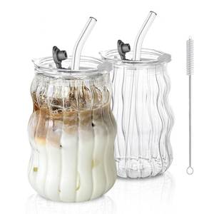 lot 3270 image: KEMORELA Ribbed Glass Cups with Lids and Straws �� Unique Glasses for Iced Coffee, 18oz Vintage Design, Ideal Wavy Coffee Cups with Straws, Bubble Glass Aesthetic, Clear Ribbed Glasses