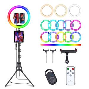 lot 3273 image: 13 Selfie Ring Light with 76 Tripod Stand & 3 Phone Holder, LED Camera Ringlight with 48 RGB Colors Modes & Musical Rhythm Mode and 12 Brightness Dimmable for MakeupPhotographyVideosVlogTikTok