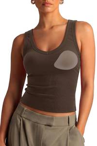 lot 4323 image: SUUKSESS Women Cotton Ribbed Summer Loose Fit Casual Tops Padded Sleeveless Trendy Tank Tops Basic V Neck Top (Brown, Medium)