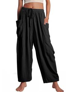 lot 4333 image: Kissonic Womens Wide Leg Pants Casual Loose Drawstring Flowy Summer Beach Palazzo Harem Pants with Pockets(Black-S)