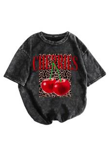 lot 4336 image: SHENHE Womens Washed T-Shirt Short Sleeve Leopard Cherry Graphic Tees Vintage Crew Neck Shirts Black Large