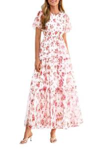 lot 4348 image: PRETTYGARDEN Tulle Floral Dress Women Summer Wedding Guest 2026 Spring Short Sleeve Maxi Smocked Flowy Beach Party Dresses (White Pink Floral,Large)