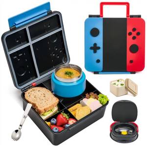 lot 4349 image: FAJSL Game Bento Box for Kids, Lunch Box with Thermo(9oz Food Jar), Folding Spoon, Removable Divider & Sauce Cup, Lunch Box Kids for School,Travel, BPA-Free & Realistic Shape(Blue-Red)