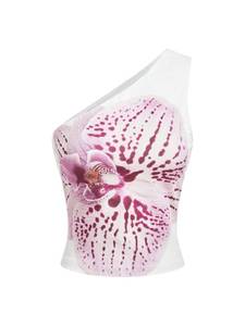 lot 4363 image: MakeMeChic Womens Asymmetrical Tops Summer Floral One Shoulder Top Ruched Sleeveless Tank Crop Tops White X-Large