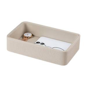 lot 4405 image: Cretkhp PU Leather Valet Tray Organizer, Small Nightstand Organizer Bedside Desktop Storage for Womens and Men, Perfume Trinket Catchall Vanity Tray for Key Watch Wallet (Beige, Rectangular)