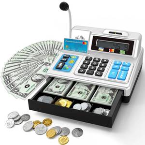 lot 5213 image: Calculator Cash Register - 103 Pcs Toy Cash Register, Store Set with Microphone, Credit Card and Banking for Kids, Toddler Math Learning Toys, Preschool Gifts for 3, 4, 5, 6, 7, 8 Years Old Boy Girl