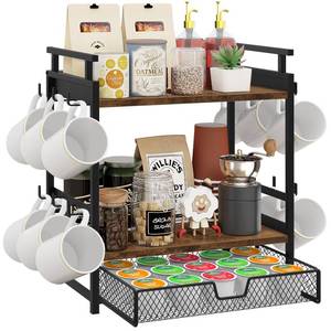 lot 5214 image: BCOZLUX Coffee Bar Organizer, 3 Tier Coffee Station Organizer for Countertop, Mug Cup Holder Stand with 12 Hooks, with K Cup Storage Drawer, Tea Organizers Accessories for Home Office