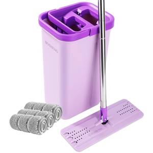 lot 5238 image: BOSHENG Mop and Bucket with Wringer Set, Hands Free Flat Floor Mop and Bucket, 3 Washable Microfiber Pads Included, Wet and Dry Use, Home Floor Cleaning System for All Floor Types and Windows, Purple