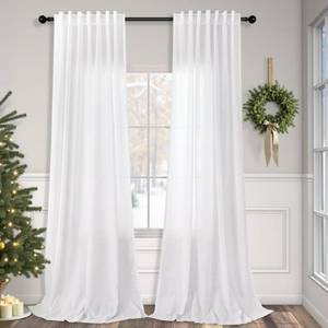 lot 5239 image: Pitalk White Linen Curtains for Living Room 100 Inches Long 2 Panels Pocket Back Tab Semi Transparent Curtains Boho Farmhouse Mid Century Country Western Sheer Drapes Ceiling to Floor 52 x 100 Length