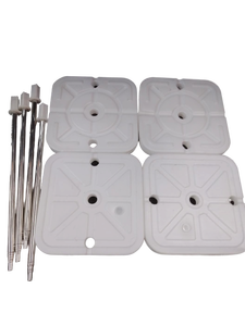 lot 5240 image: White Plastic Umbrella Base Weights with Metal Poles