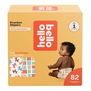 lot 5243 image: Hello Bello Premium Diapers Size 1, Balloon Buddies & Crosshatch Cuties Designs, 82ct Club Box