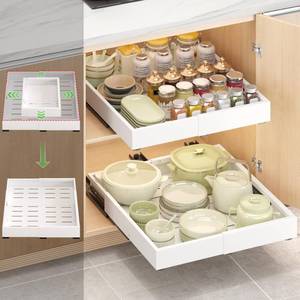 lot 5248 image: 2 Pcs Pull Out Drawers for Cabinets Organizer Expandable Width(11.8-19.4), Depth(16.45-21.7) With 3 Rails, No Drill Roll Out Drawer, Adhesive Sliding Drawers for Kitchen Pantry Storage Adjust