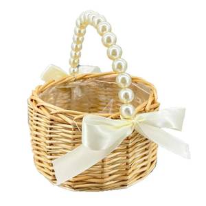 lot 6127 image: BETAULIFE Wicker Rattan Flower Girl Basket with Bows,Pearl Handle Flower Basket,Wedding Flower Girl Basket and Home Decorations. (1)