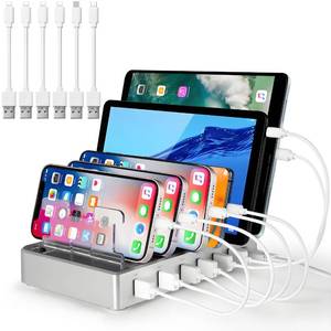 lot 6128 image: Charging Station for Multiple Devices, 6 Ports Multi Devices USB Charger Fast Cell Phone Charging Station for iPhone iPad Tablet (Silver, 6 Mixed Cables Included)