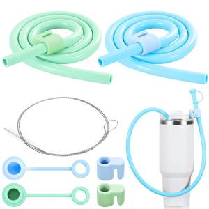 lot 6136 image: Baderke 2 Set Extra Long 35 Reusable Silicone Straws Compatible with 40 oz Tumbler Large Water Wine Bottle Flexible Drinking Straws & Cleaning Brushes Tumbler Accessories(Blue)