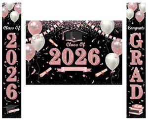 lot 6158 image: 3Pcs Pink Graduation Banner Decorations Set Include Class of 2026 Congratulations Backdrop Banner and Class of 2026 Congrats Grad Porch Sign for Indoor Outdoor 2026 Graduation Party Decor Supplies