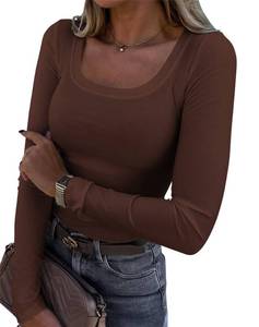 lot 6163 image: Roselux Womens Long Sleeve Scoop Neck Ribbed Knit Fitted Casual Tops Tee Slim Basic Shirts(3924,Brown-L)
