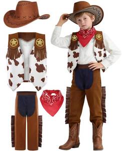 lot 6165 image: Rayekrot Kids Cowboy Costume for Boys Brown Western Style Cowboy Outfit Set Halloween Party Dress Up (5-7 Years)