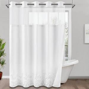 lot 6188 image: ROSERY No Hook Shower Curtain with Snap in Fabric Liner Set, Boho Farmhouse Shower Curtain for Bathroom with Applique Flower Buds Ribbon Bottom, Floral Pattern, 71 W x 74 L