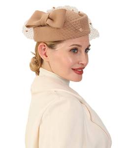 lot 6214 image: ORIDOOR British Style Pillbox Hat Women Church Wedding Winter Vintage Fascinator Beret 100% Wool Felt Hat with Veil (001 Khaki) ��