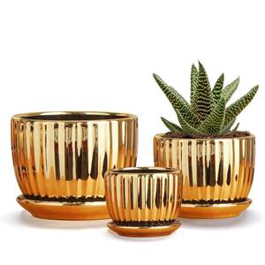lot 6220 image: Ton Sin Gold Plant Pots,4.15.16.5 Inch Ceramic Succulent Planters Set of 3,Indoor Flower Pot with Drainage,Handmade Decorative Ceramic Orchid and Herb Pots(Gold)