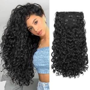 lot 6229 image: REECHO Curly Hair Extensions - 4PCS 18 GoGo Curly Clip in Hair Extensions 100% Super Protein Hairpieces with Invisible Lace Weft Silky Soft Natural Look for Women - Natural Black