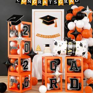 lot 6230 image: 2026 Graduation Decorations Congratulations Grad Decor Orange and Black Balloons Arch Kit with Balloons Boxes Class of 2026, Graduation Party Decor Gold Confetti Balloon Explosion Star Foil Balloon