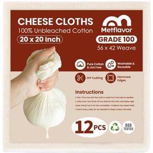 lot 6231 image: A12Pcs Reusable Cheese Cloths 20x20 Inch, 100 Grade Cheesecloth Hemmed 4 Edges, 100% Unbleached Cotton Cheese Cloth Bag for Straining, Muslin Cloth Strainer for Baking, Juicing, Cheese, Crafts Making