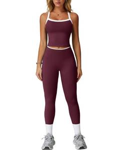 lot 6283 image: 2 Piece Workout Sets for Women Seamless Straps Cross Back Tank Tops Matching High Waist Tummy Control Leggings Set Womens Two Piece Athletic Set Gym Wear Active Yoga Outfits Colorblock Wine Red S