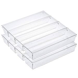 lot 6287 image: Kingrol 10 Pack 12 x 3 x 2 Inch Clear Drawer Organizer Trays, Desk Drawer Divider Storage Bins, Storage Box Set for Kitchen Bathroom Office Supplies