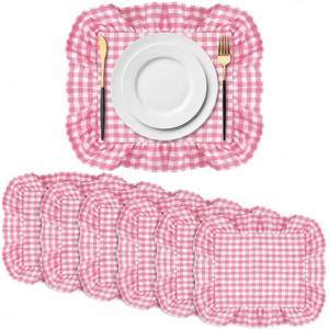 lot 6292 image: Yiyiring 6 Pcs Pink Placemats with Ruffle Gingham Rectangle 14 x 16 Inch Plaid Cotton Placemats Strawberry Party Supplies Spring Wedding Boho Baby Shower Mothers Day Decorative Table Mat Decoration