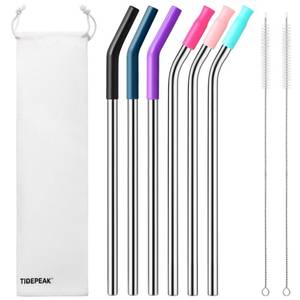lot 6306 image: TIDEPEAK 6 Packs Reusable Stainless Steel Straws with Silicone Tips and Travel Case, Long Metal Drinking Replacement Straws for Stanley Cup 40 oz Tumbler, 2 Cleaning Brushes Included, 3 Bent