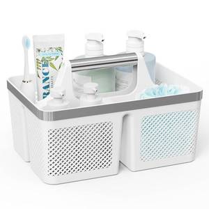 lot 11561 image: BYUNER Plastic Shower Caddy Dorm Portable Bathroom Caddy Organizer with Handle and Holes, Cleaning Basket, Hard Shower Basket Storage Tote for Toiletry, College Dorm Room Essentials WhiteSilver