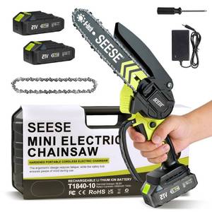 lot 11566 image: SEESE 6-inch Mini Chainsaw Cordless Home Garden Electric Chainsaw - 950W Pure Copper Brushless Motor, High Efficiency, Low Noise, 21V Batteries x2, Up to 80-Min Runtime (Used)