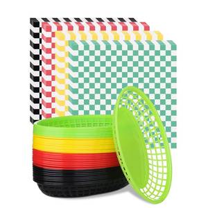 lot 11570 image: 40Pack Reusable Plastic Food Baskets with 100 Liners, Bread Fry, Plastic Fast Food Baskets for Chicken, Hot Dogs, Fries, Sandwiches and Picnic, Party (Multiple Colors) (Only Baskets)