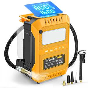 lot 11571 image: 5X Faster Tire Inflator Air Compressor, LIVOWALNY 160PSI Cordless Air Pump Compatible with Dewalt 20V Battery with Digital Pressure Gauge, LED Light, Deflator & Auto Shut-Off for Car, Motorcycle