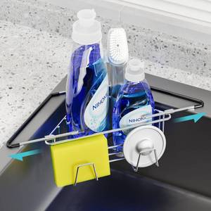 lot 11579 image: NiHome Extendable Arm Stainless Steel Kitchen Sink Corner Caddy, Easy Install Space-Saving Adjustable Sponge Holder, Non-Slip Rust-Resistant for Brushes, Soap, Sponges (Silver)