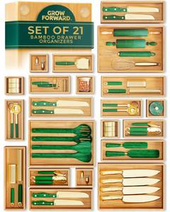 lot 11580 image: Grow Forward Bamboo Drawer Organizer Boxes - Set of 21 Wooden Drawer Organizers for Kitchen, Bathroom, Office, Desk, Vanity, Makeup - Non-Slip Junk Drawer Organizer Trays for Storage and Organization (Only 14)